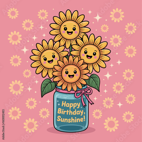 A delightful bouquet of animated sunflowers celebrating a birthday, radiating joy and positivity in a vibrant, whimsical style ideal for cheerful greetings and celebrations.