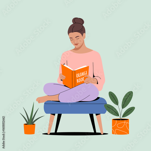 A charming illustration of a young woman absorbed in reading an orange book, seated comfortably on an ottoman, surrounded by greenery, representing a moment of joy and reflection.