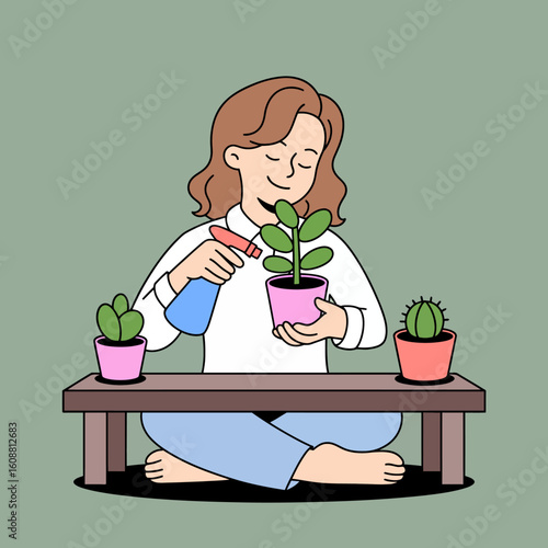 A smiling woman joyfully watering her houseplants, showcasing a moment of happiness and connection with nature in a cozy, homey atmosphere filled with vibrant greenery.