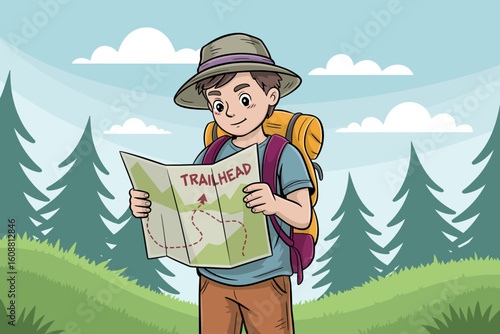 A young boy is studying a map attentively at a trailhead, surrounded by a lush green environment and tall pines, ready for an exciting hiking adventure in nature.