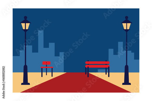Street With Benches And Lights