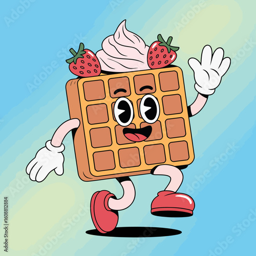 This vibrant image showcases a cheerful waffle character topped with strawberries and whipped cream, radiating joy and playfulness in a whimsical style.