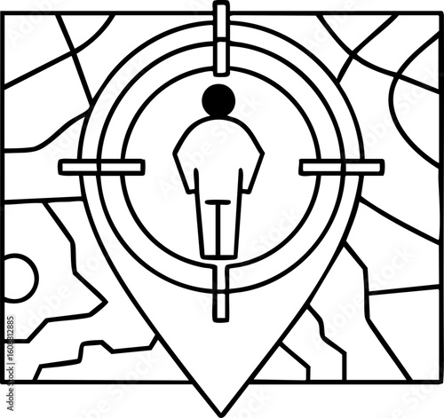 Cyberstalking icon shows person targeted on map symbolizing online privacy threat
