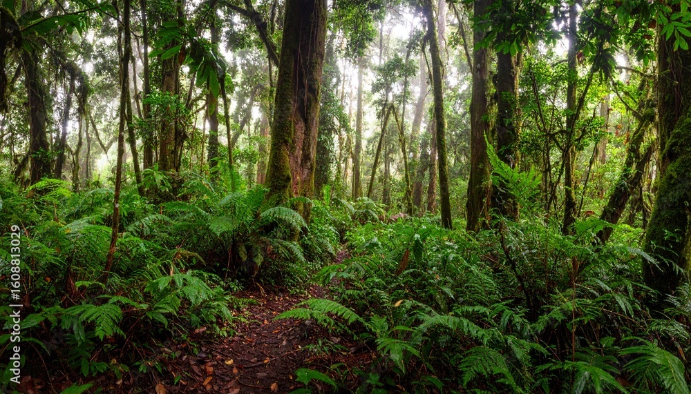 Fototapeta premium Lush green rainforest foliage and trees create a dense, shadowy forest path.
