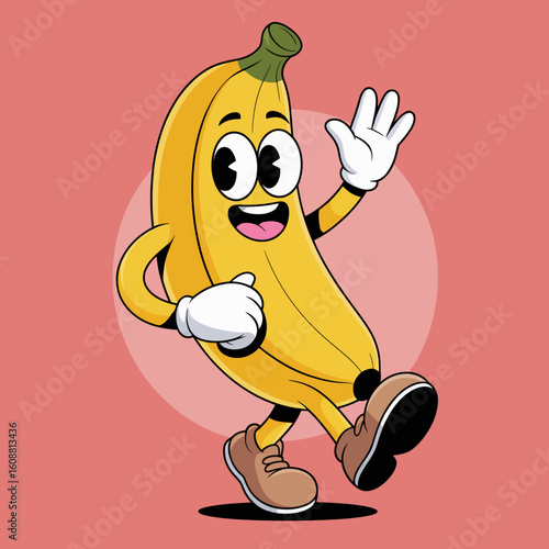 This animated banana character radiates joy as it waves hello, embodying happiness and playfulness through its vibrant design and endearing expression.