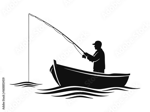 Silhouette of a man fishing in the sea on a boat