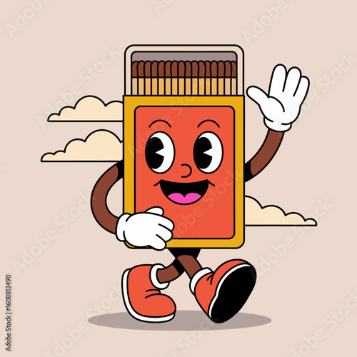 A playful and animated matchstick character waves cheerfully, embodying joy and energy, featuring a distinctive orange box with a backdrop of soft clouds.