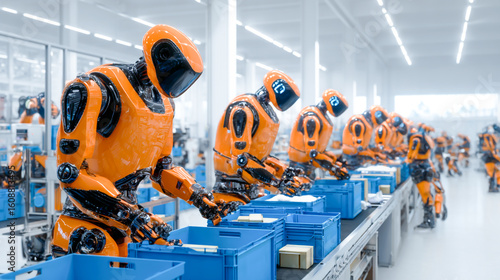A group of humanoid robots in orange and black working on the production line at an e-commerce warehouse