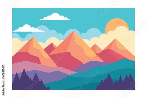 Cartoon Mountain Range With Sunlit Valleys And Pastures