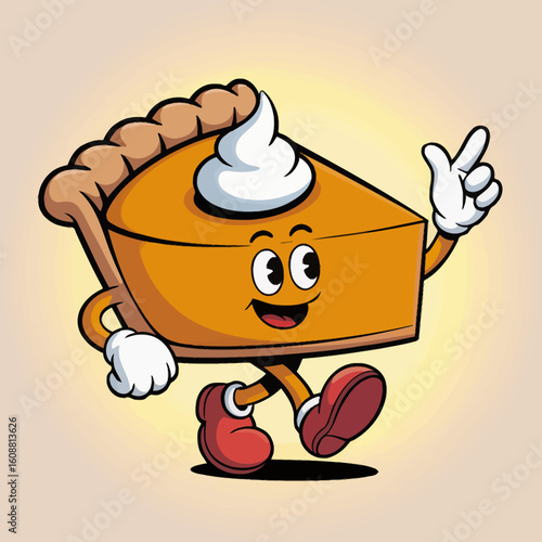 This delightful cartoon pumpkin pie character is depicted walking cheerfully, embodying a playful spirit, great for branding related to celebrations or cozy gatherings.