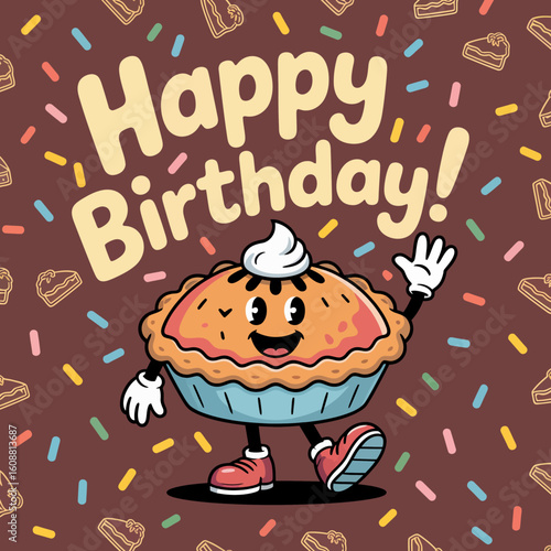 A joyful pie character is joyfully waving, exuding cheerful birthday wishes and embodying the fun and sweetness associated with celebrating special occasions.