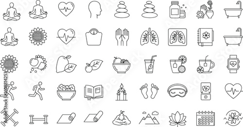 Health and wellness icon set, fitness, yoga, meditation, spa, nutrition, mental health, self-care, exercise, mindfulness, lifestyle, balance, calm