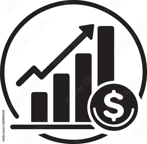 Revenue Icon – Black and White Minimalist Dollar and Bar Graph Vector Illustration