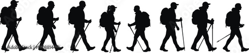 Hiker silhouettes walking with backpacks, trekking poles in hand, outdoor adventure vector, hiking exploration journey