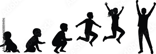 Human growth stages, child to adult, silhouette jumping, life progression, development concept, evolution, movement, kids