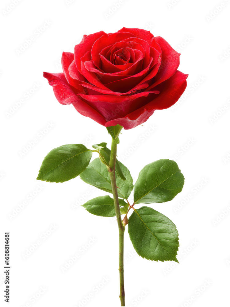 Naklejka premium Red Rose Close-Up with Green Leaves on Transparent Background