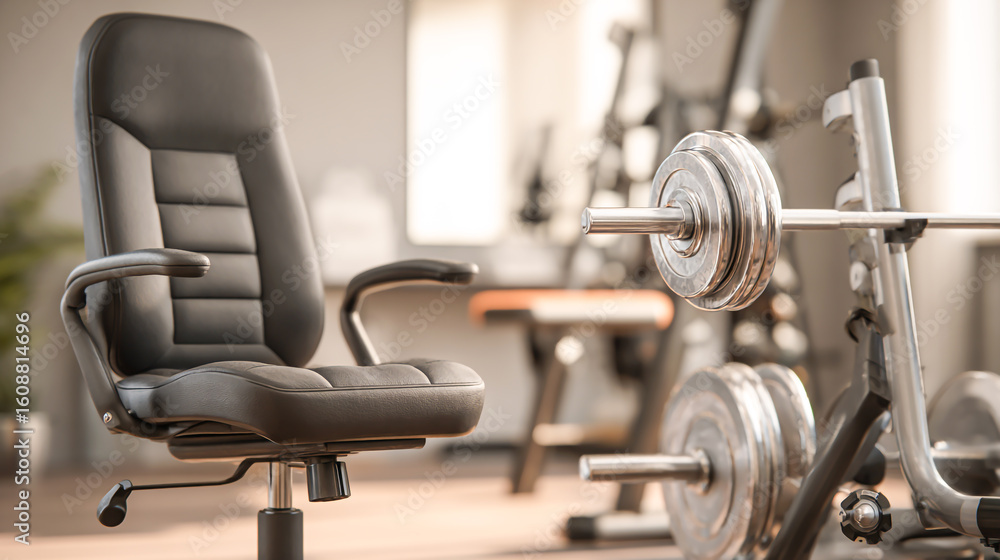 Obraz premium A gym with modern equipment, including an office chair and a barbell set for home fitness in the background.