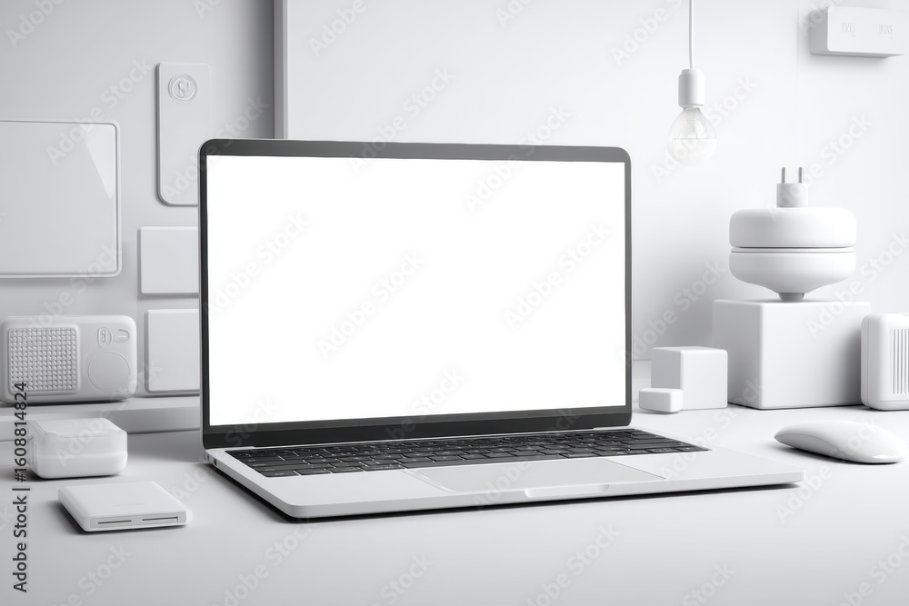 Fototapeta premium Modern Workspace with Minimalist Laptop and White Decor Elements