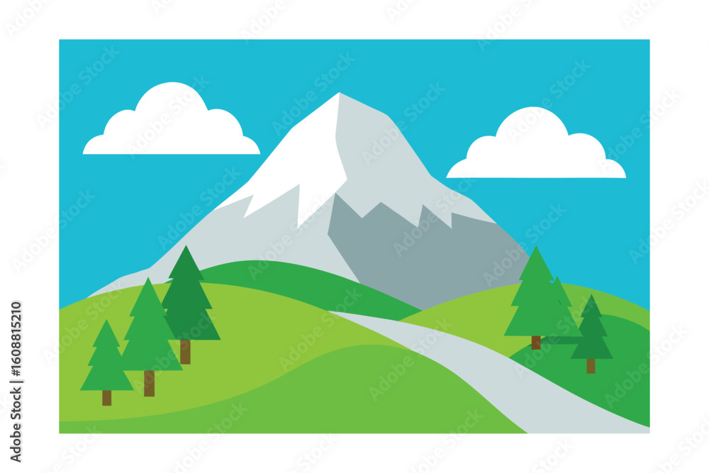 Snowy Mountain Green Meadow Gray Road Tree Branches Snowy Mountain Green Meadow Gray Road Tree Branches