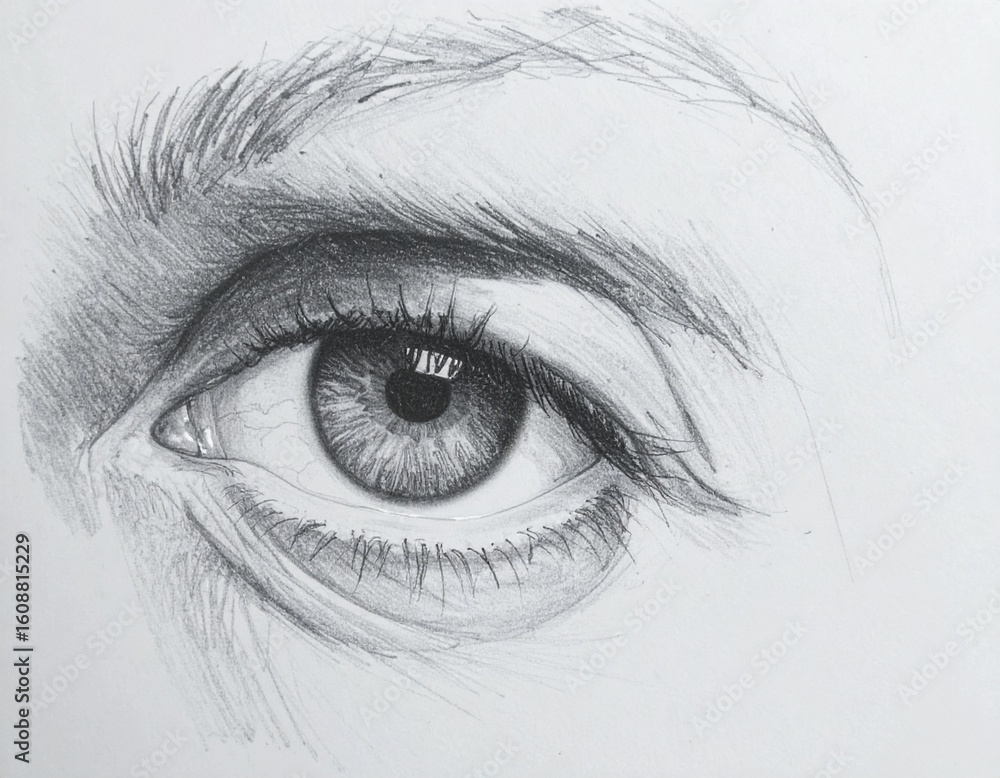 Obraz premium A pencil sketch of an eye, highly detailed wrinkles and expression, realistic shading and textures, black and white, hand-drawn on white paper