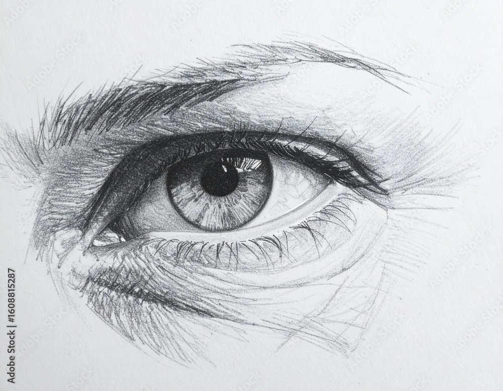 Fototapeta premium A pencil sketch of an eye, highly detailed wrinkles and expression, realistic shading and textures, black and white, hand-drawn on white paper