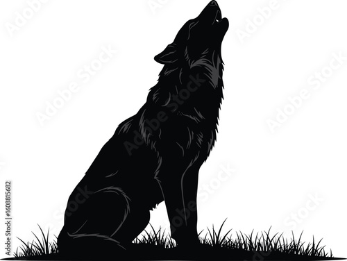 Silhouette of howling wolf sitting on ground, wild animal, night scene, forest grass, isolated illustration