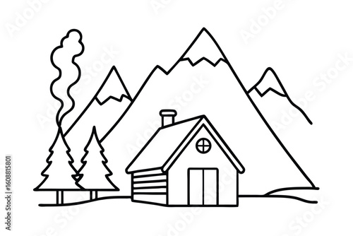 Simple Cartoon Of A Mountain Cabin With Smoke From Chimney
