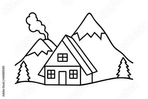 Simple Cartoon Of A Mountain Cabin With Smoke From Chimney