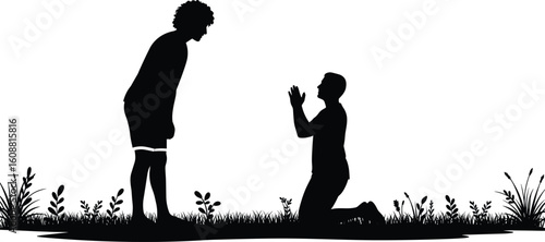 Silhouette of man kneeling and begging forgiveness from another person in outdoor nature background, concept illustration