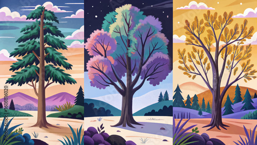 Vector cartoon tree set in flat modern style. Includes cute green plants for forest, eco lifestyle, nature backgrounds, banners, children scenes, outdoor posters, and design
