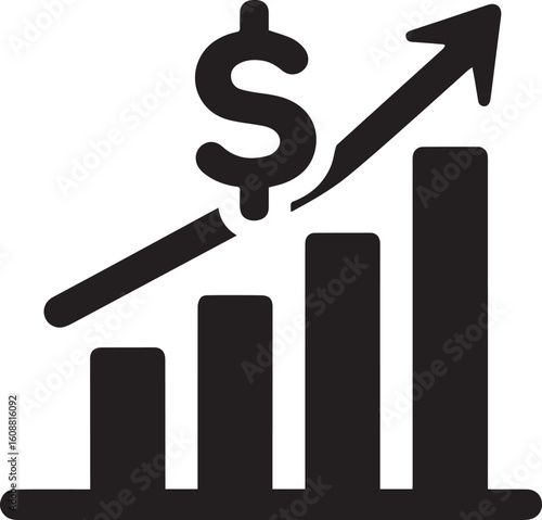 Revenue Icon – Black and White Minimalist Dollar and Bar Graph Vector Illustration