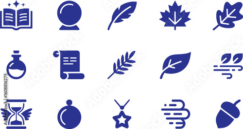 Open book crystal ball feather maple leaf oak leaf potion scroll branch leaf wind leaves hourglass ornament star wind acorn