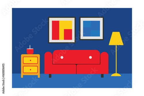 Red Sofa White Cabinet Yellow Lamp Red Carpet