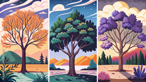 Vector cartoon tree set in flat modern style. Includes cute green plants for forest, eco lifestyle, nature backgrounds, banners, children scenes, outdoor posters, and design