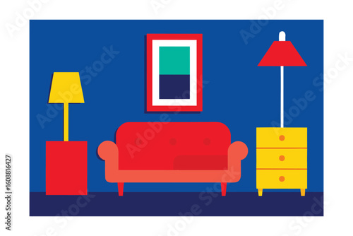 Red Sofa White Cabinet Yellow Lamp Red Carpet