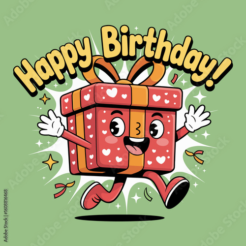 A vibrant gift box character joyfully celebrates a birthday with bright colors and a cheery expression, symbolizing the joy of giving and celebrating special moments.