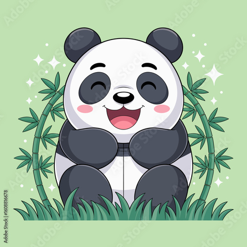 This adorable panda character sits smiling amidst bamboo, symbolizing joy and contentment in nature, promoting a sense of peace and happiness in the wild.