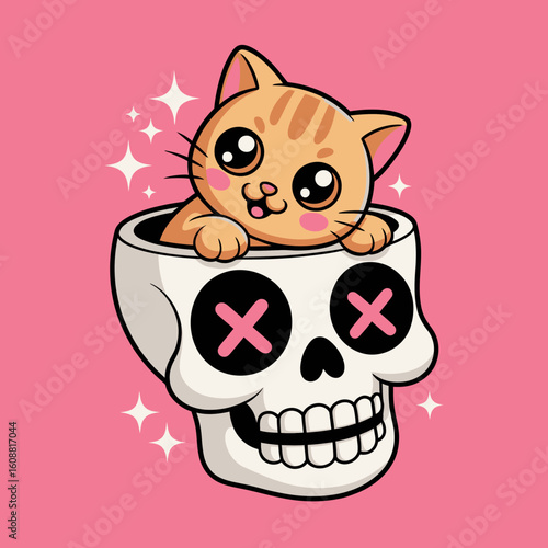 A charming orange cat peeks out playfully from a skull, combining cuteness and a touch of edginess, creating a unique blend of adorable and spooky elements for dynamic visuals.
