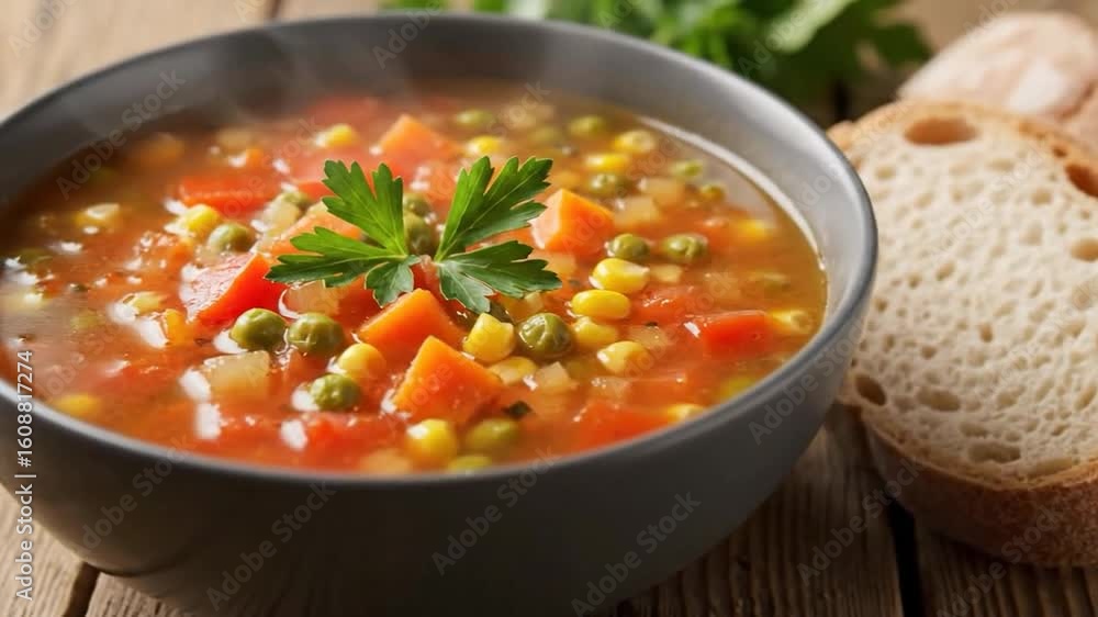 Hot healthy vegetarian vegetable soup with bread in a bowl 4k food Macro video short Hot healthy vegetarian vegetable soup with bread in a bowl 4k food Macro video short