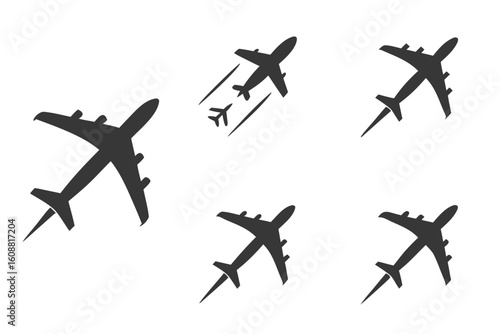 A set of commercial airplane illustrations in various flight positions, isolated on white background
