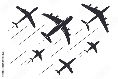 Several airplane silhouettes are flying in different directions, leaving contrails behind, isolated on white background