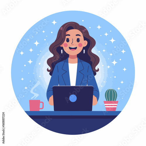 This engaging illustration portrays a joyful woman working on her laptop, surrounded by a coffee cup and a small plant, symbolizing productivity, comfort, and modern workspace vibes.