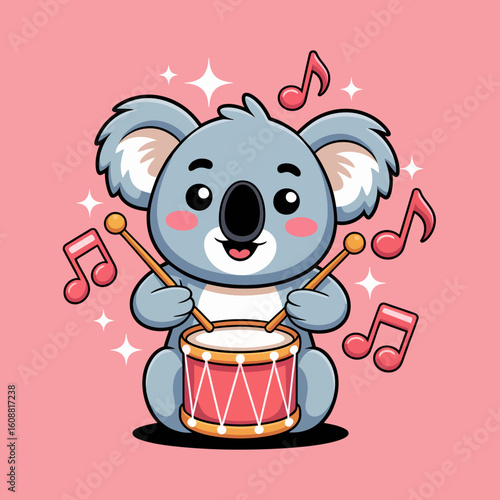 An adorable koala is playing a drum joyfully on a soft pink background, radiating happiness with musical notes surrounding it in a whimsical and fun atmosphere.