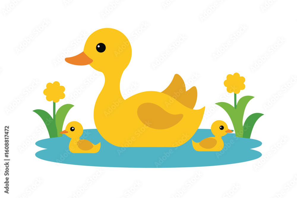 Fototapeta premium Mother Duck With Ducklings In Pond Sunny On White Background