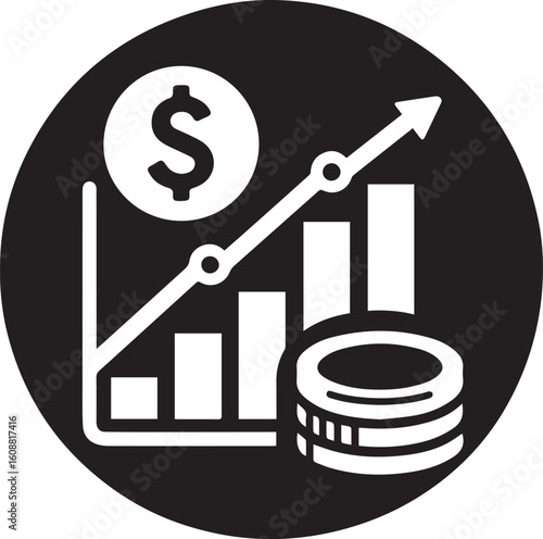 Revenue Icon – Black and White Minimalist Dollar and Bar Graph Vector Illustration