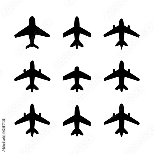 A collection of nine airplane silhouettes isolated on white background showcases different wing and body styles