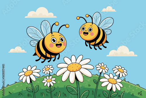 Two adorable animated bees joyfully flying over a blooming flower meadow, celebrating nature's beauty in a vibrant, lighthearted design that brings smiles and cheer.