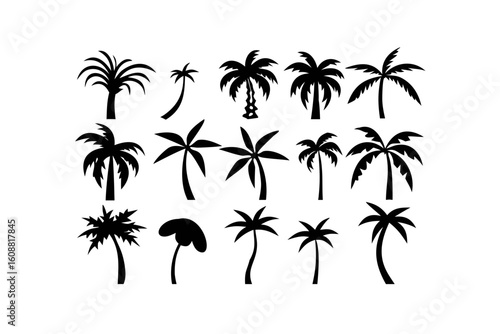 A variety of black palm tree silhouettes are isolated on white background, representing tropical destinations and summer vacations