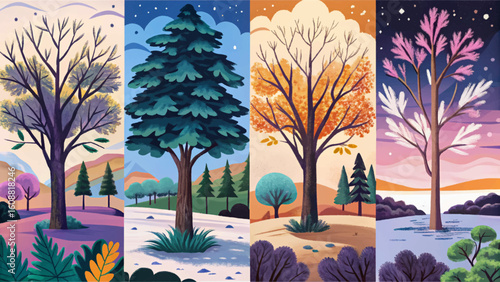 Vector cartoon tree set in flat modern style. Includes cute green plants for forest, eco lifestyle, nature backgrounds, banners, children scenes, outdoor posters, and design