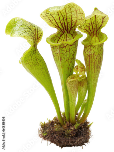 Vibrant Green Pitcher Plant with Unique Red Veins Isolated on Black